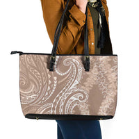 Polynesia Plumeria Lei Leather Tote Bag Beige Curves Motif
