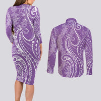 Polynesia Plumeria Lei Couples Matching Long Sleeve Bodycon Dress and Long Sleeve Button Shirt Periwinkle Curves Motif