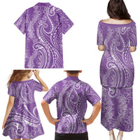 Polynesia Plumeria Lei Family Matching Puletasi and Hawaiian Shirt Periwinkle Curves Motif