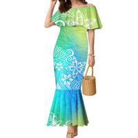 Polynesia Mermaid Dress Plumeria Blue Gradient Curves LT7 Women Blue Green - Polynesian Pride