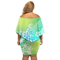 Polynesia Off Shoulder Short Dress Plumeria Blue Gradient Curves LT7 - Polynesian Pride