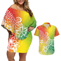 Polynesia Couples Matching Off Shoulder Short Dress and Hawaiian Shirt Plumeria Reggae Curves LT7 Reggae - Polynesian Pride