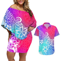 Polynesia Couples Matching Off Shoulder Short Dress and Hawaiian Shirt Plumeria Galaxy Gradient Curves LT7 Galaxy - Polynesian Pride