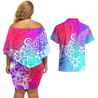 Polynesia Couples Matching Off Shoulder Short Dress and Hawaiian Shirt Plumeria Galaxy Gradient Curves LT7 - Polynesian Pride