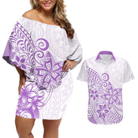 Polynesia Couples Matching Off Shoulder Short Dress and Hawaiian Shirt Plumeria Lavender Curves LT7 Purple - Polynesian Pride