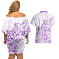 Polynesia Couples Matching Off Shoulder Short Dress and Hawaiian Shirt Plumeria Lavender Curves LT7 - Polynesian Pride