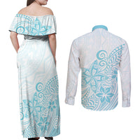Polynesia Couples Matching Off Shoulder Maxi Dress and Long Sleeve Button Shirts Plumeria Turquoise Curves LT7 - Polynesian Pride