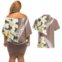 Aloha Hawaii Festive Couples Matching Off Shoulder Short Dress and Hawaiian Shirt Frangipani Lace Classic - Beige