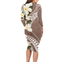 Aloha Hawaii Festive Long Sleeve Bodycon Dress Frangipani Lace Classic - Beige
