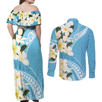 Aloha Hawaii Festive Couples Matching Off Shoulder Maxi Dress and Long Sleeve Button Shirt Frangipani Lace Classic - Turquoise