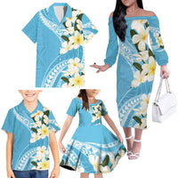 Aloha Hawaii Festive Family Matching Off The Shoulder Long Sleeve Dress and Hawaiian Shirt Frangipani Lace Classic - Turquoise LT7 - Polynesian Pride