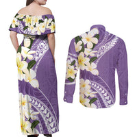 Aloha Hawaii Festive Couples Matching Off Shoulder Maxi Dress and Long Sleeve Button Shirt Frangipani Lace Classic - Lavender