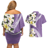 Aloha Hawaii Festive Couples Matching Off Shoulder Short Dress and Hawaiian Shirt Frangipani Lace Classic - Lavender