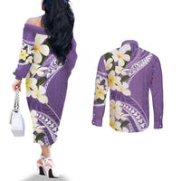 Aloha Hawaii Festive Couples Matching Off The Shoulder Long Sleeve Dress and Long Sleeve Button Shirt Frangipani Lace Classic - Lavender