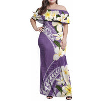 Aloha Hawaii Festive Family Matching Off Shoulder Maxi Dress and Hawaiian Shirt Frangipani Lace Classic - Lavender LT7 Mom's Dress Lavender - Polynesian Pride