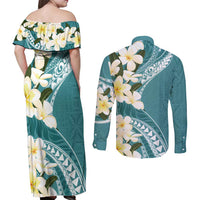 Aloha Hawaii Festive Couples Matching Off Shoulder Maxi Dress and Long Sleeve Button Shirt Frangipani Lace Classic - Teal