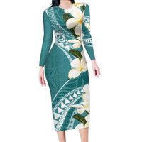 Aloha Hawaii Festive Family Matching Long Sleeve Bodycon Dress and Hawaiian Shirt Frangipani Lace Classic - Teal LT7 Mom's Dress Teal - Polynesian Pride