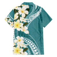 Aloha Hawaii Festive Family Matching Off The Shoulder Long Sleeve Dress and Hawaiian Shirt Frangipani Lace Classic - Teal LT7 - Polynesian Pride