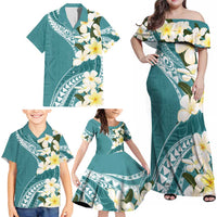 Aloha Hawaii Festive Family Matching Off Shoulder Maxi Dress and Hawaiian Shirt Frangipani Lace Classic - Teal LT7 - Polynesian Pride