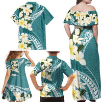 Aloha Hawaii Festive Family Matching Off Shoulder Maxi Dress and Hawaiian Shirt Frangipani Lace Classic - Teal LT7 - Polynesian Pride