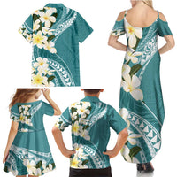 Aloha Hawaii Festive Family Matching Summer Maxi Dress and Hawaiian Shirt Frangipani Lace Classic - Teal LT7 - Polynesian Pride