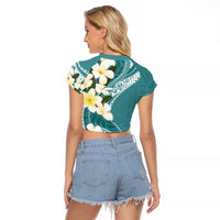 Aloha Hawaii Festive Raglan Cropped T Shirt Frangipani Lace Classic - Teal