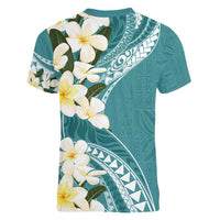 Aloha Hawaii Festive Women V-Neck T-Shirt Frangipani Lace Classic - Teal