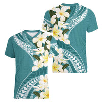 Aloha Hawaii Festive Women V-Neck T-Shirt Frangipani Lace Classic - Teal