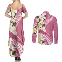 Aloha Hawaii Festive Couples Matching Summer Maxi Dress and Long Sleeve Button Shirt Frangipani Lace Classic - Rosy