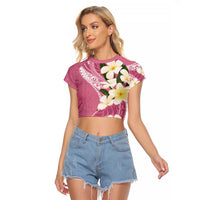 Aloha Hawaii Festive Raglan Cropped T Shirt Frangipani Lace Classic - Rosy