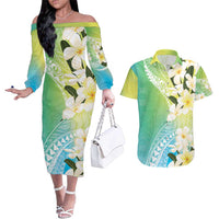 Aloha Hawaii Festive Couples Matching Off The Shoulder Long Sleeve Dress and Hawaiian Shirt Frangipani Lace Classic - Summer Vibes LT7 Blue Green - Polynesian Pride