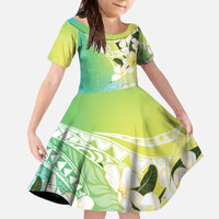 Aloha Hawaii Festive Family Matching Off The Shoulder Long Sleeve Dress and Hawaiian Shirt Frangipani Lace Classic - Summer Vibes LT7 Daughter's Dress Blue Green - Polynesian Pride