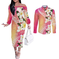 Aloha Hawaii Festive Couples Matching Off The Shoulder Long Sleeve Dress and Long Sleeve Button Shirt Frangipani Lace Classic - Spring Vibes