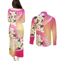 Aloha Hawaii Festive Couples Matching Puletasi and Long Sleeve Button Shirt Frangipani Lace Classic - Spring Vibes