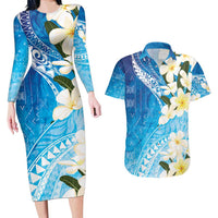 Aloha Hawaii Festive Couples Matching Long Sleeve Bodycon Dress and Hawaiian Shirt Frangipani Lace Classic - Oceanic LT7 Navy - Polynesian Pride