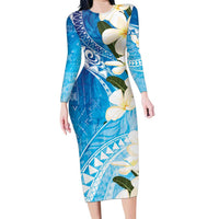 Aloha Hawaii Festive Family Matching Long Sleeve Bodycon Dress and Hawaiian Shirt Frangipani Lace Classic - Oceanic LT7 Mom's Dress Navy - Polynesian Pride
