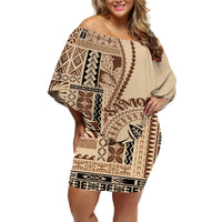 Samoa Siapo Motif Off Shoulder Short Dress Classic Style LT7 Women Beige - Polynesian Pride