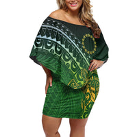 Cook Islands Rugby Kuki Avaiki Family Matching Off Shoulder Short Dress and Hawaiian Shirt Tribal Turtle LT7 Mom's Dress Dark Green - Polynesian Pride