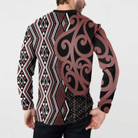 Maori Taniko Patterns Button Sweatshirt Brown Patiki Motifs Mix Whakairo Ngaru