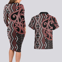 Maori Taniko Patterns Couples Matching Long Sleeve Bodycon Dress and Hawaiian Shirt Brown Patiki Motifs Mix Whakairo Ngaru LT7 - Polynesian Pride