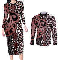 Maori Taniko Patterns Couples Matching Long Sleeve Bodycon Dress and Long Sleeve Button Shirt Brown Patiki Motifs Mix Whakairo Ngaru LT7 Brown - Polynesian Pride
