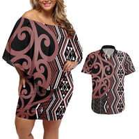 Maori Taniko Patterns Couples Matching Off Shoulder Short Dress and Hawaiian Shirt Brown Patiki Motifs Mix Whakairo Ngaru LT7 Brown - Polynesian Pride