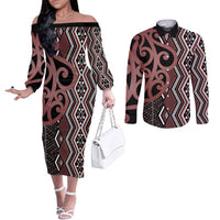 Maori Taniko Patterns Couples Matching Off The Shoulder Long Sleeve Dress and Long Sleeve Button Shirt Brown Patiki Motifs Mix Whakairo Ngaru LT7 Brown - Polynesian Pride
