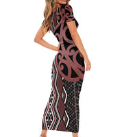 Maori Taniko Patterns Family Matching Short Sleeve Bodycon Dress and Hawaiian Shirt Brown Patiki Motifs Mix Whakairo Ngaru LT7 - Polynesian Pride