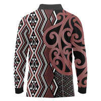 Maori Taniko Patterns Long Sleeve Polo Shirt Brown Patiki Motifs Mix Whakairo Ngaru