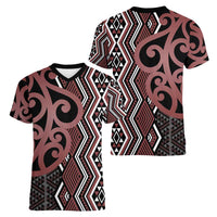 Maori Taniko Patterns Women V-Neck T-Shirt Brown Patiki Motifs Mix Whakairo Ngaru