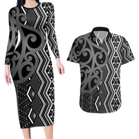 Maori Taniko Patterns Couples Matching Long Sleeve Bodycon Dress and Hawaiian Shirt Black Patiki Motifs Mix Whakairo Ngaru LT7 Black - Polynesian Pride