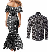 Maori Taniko Patterns Couples Matching Mermaid Dress and Long Sleeve Button Shirt Black Patiki Motifs Mix Whakairo Ngaru