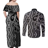 Maori Taniko Patterns Couples Matching Off Shoulder Maxi Dress and Long Sleeve Button Shirt Black Patiki Motifs Mix Whakairo Ngaru
