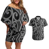Maori Taniko Patterns Couples Matching Off Shoulder Short Dress and Hawaiian Shirt Black Patiki Motifs Mix Whakairo Ngaru LT7 Black - Polynesian Pride